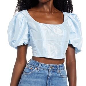 NWT Topshop Blue Puff Sleeve Taffeta Crop Top